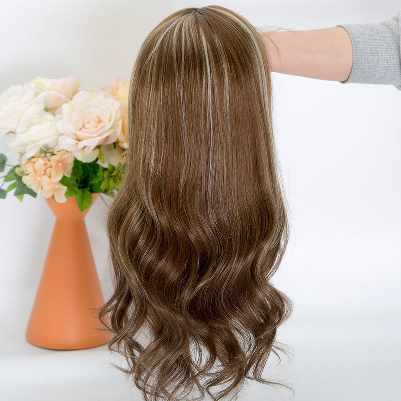 Full hand tied glueless mono top lace front wig beautiful brown balayage color wave hair wig in stock