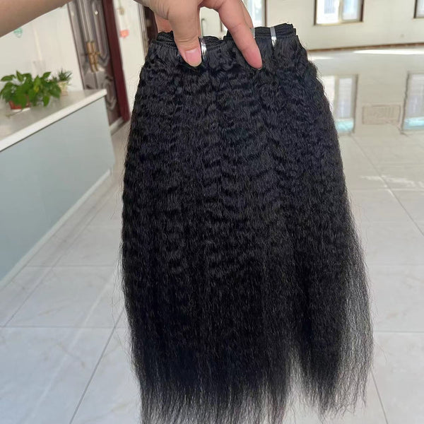 Natural black color weft kinky straight human remy hair bundles