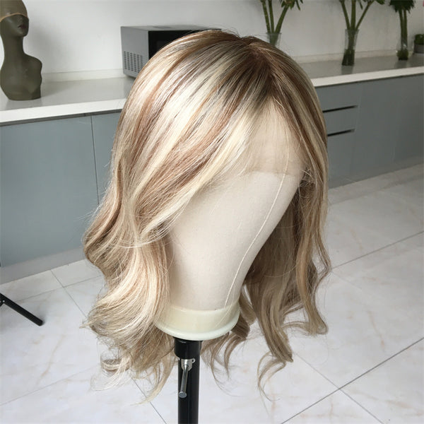 Medical Wig Customize Virgin European Human Hair Wigs Blonde Bayalage Color 16 Inch 130% Density Wig