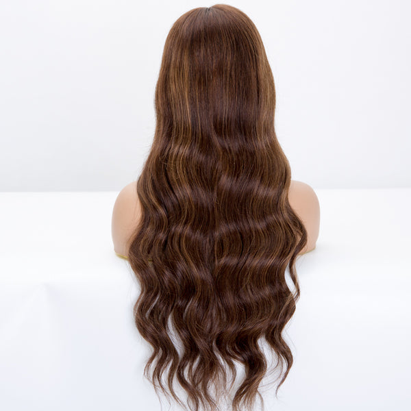 Long hair length mono front lace wig brown balayage color wave hair in stock