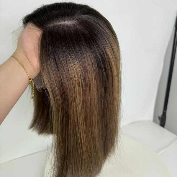 12 inch rooted brown balayage color fully hand tied with 4*4 inch silk top medical wigs