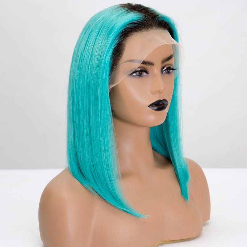 Premier Pre Plucked Hairline 13x4 Ombre Green Short Bob Lace Wigs Blue Green Ombre Human Hair Lace Front Wig