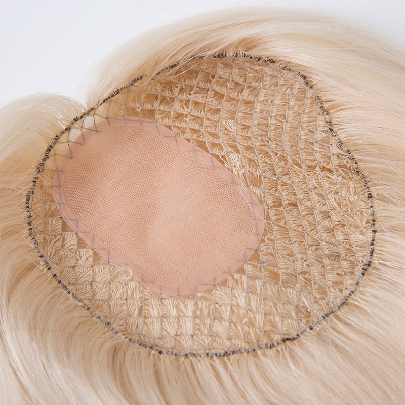 Custom blonde color fishnet topper with thin silk 16 inch 150% density European virgin hair topper