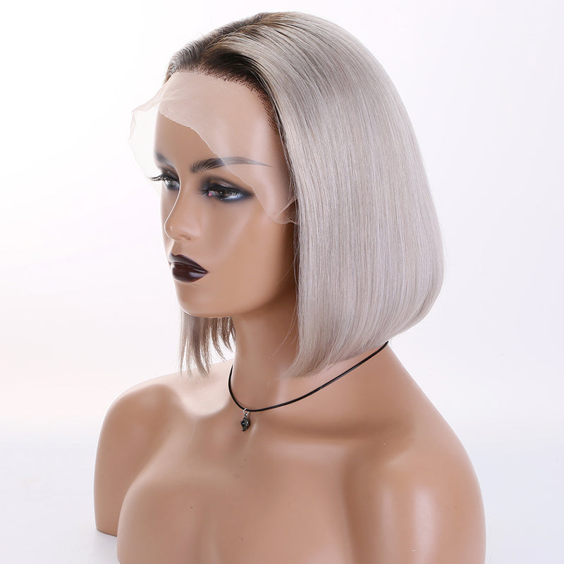 Premier 150% Density Brazilian Grey Bob Frontal Wig Ash Grey Human Hair Lace Front Wig With Dark Roots