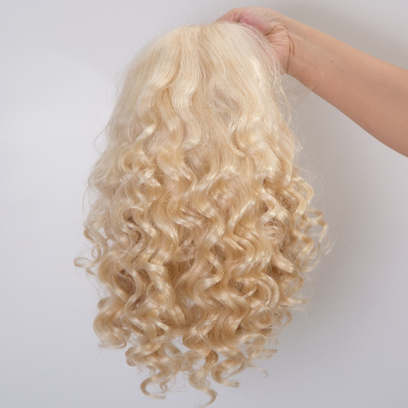 European hair short length blonde color curly hair lace front wig in stock