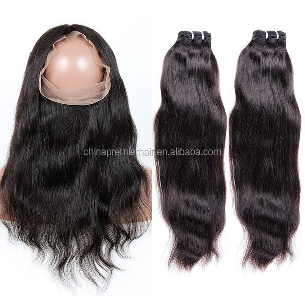 New Arrival 2pcs straight brazilian human hair weave bundles with 1 pcs 360 lace frontal band