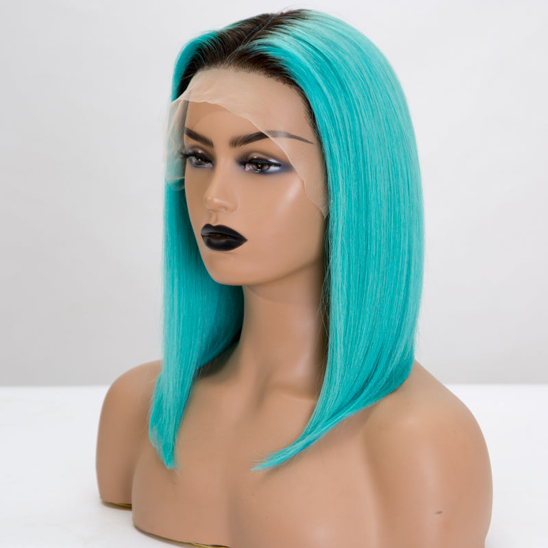 Premier Pre Plucked Hairline 13x4 Ombre Green Short Bob Lace Wigs Blue Green Ombre Human Hair Lace Front Wig