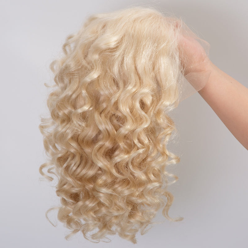 European hair short length blonde color curly hair lace front wig in stock