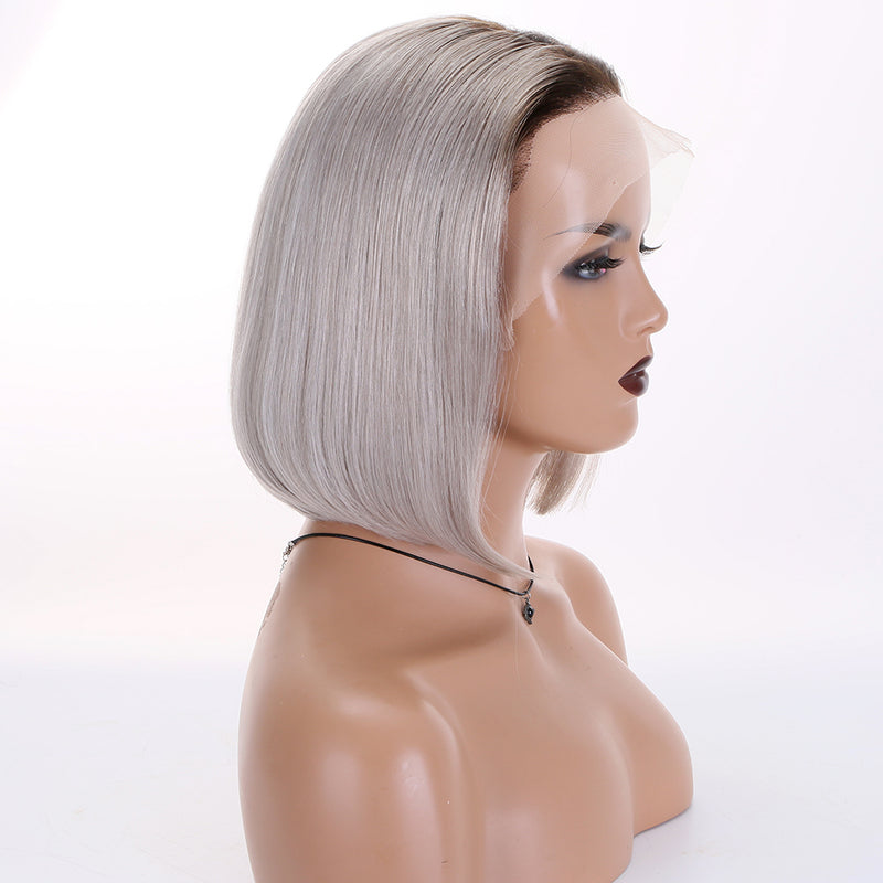 Premier 150% Density Brazilian Grey Bob Frontal Wig Ash Grey Human Hair Lace Front Wig With Dark Roots