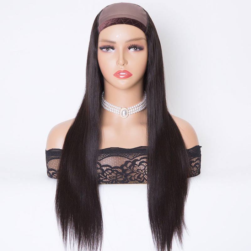 18 inch natural black color machine weft U-part Hat wig